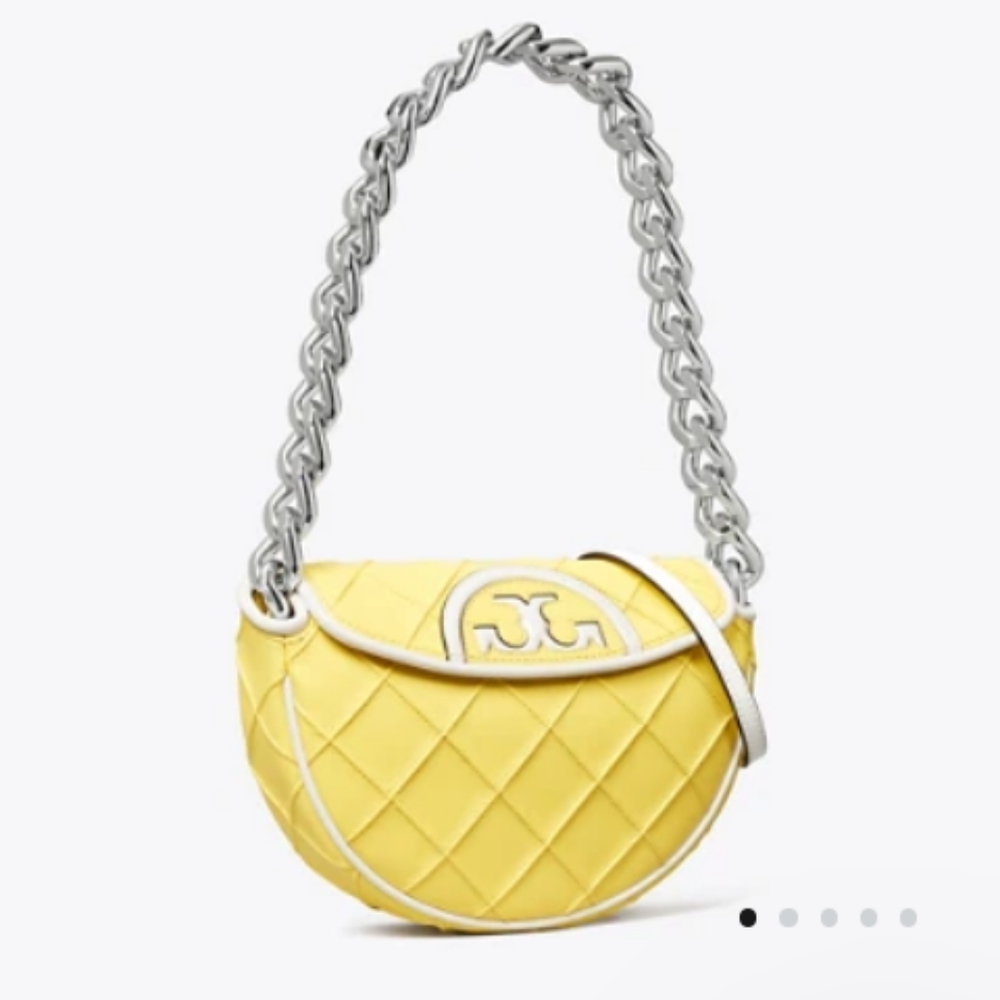 New Tory Burch MINI FLEMING SOFT PATENT BORDER CRESCENT BAG in Vintage Lemon